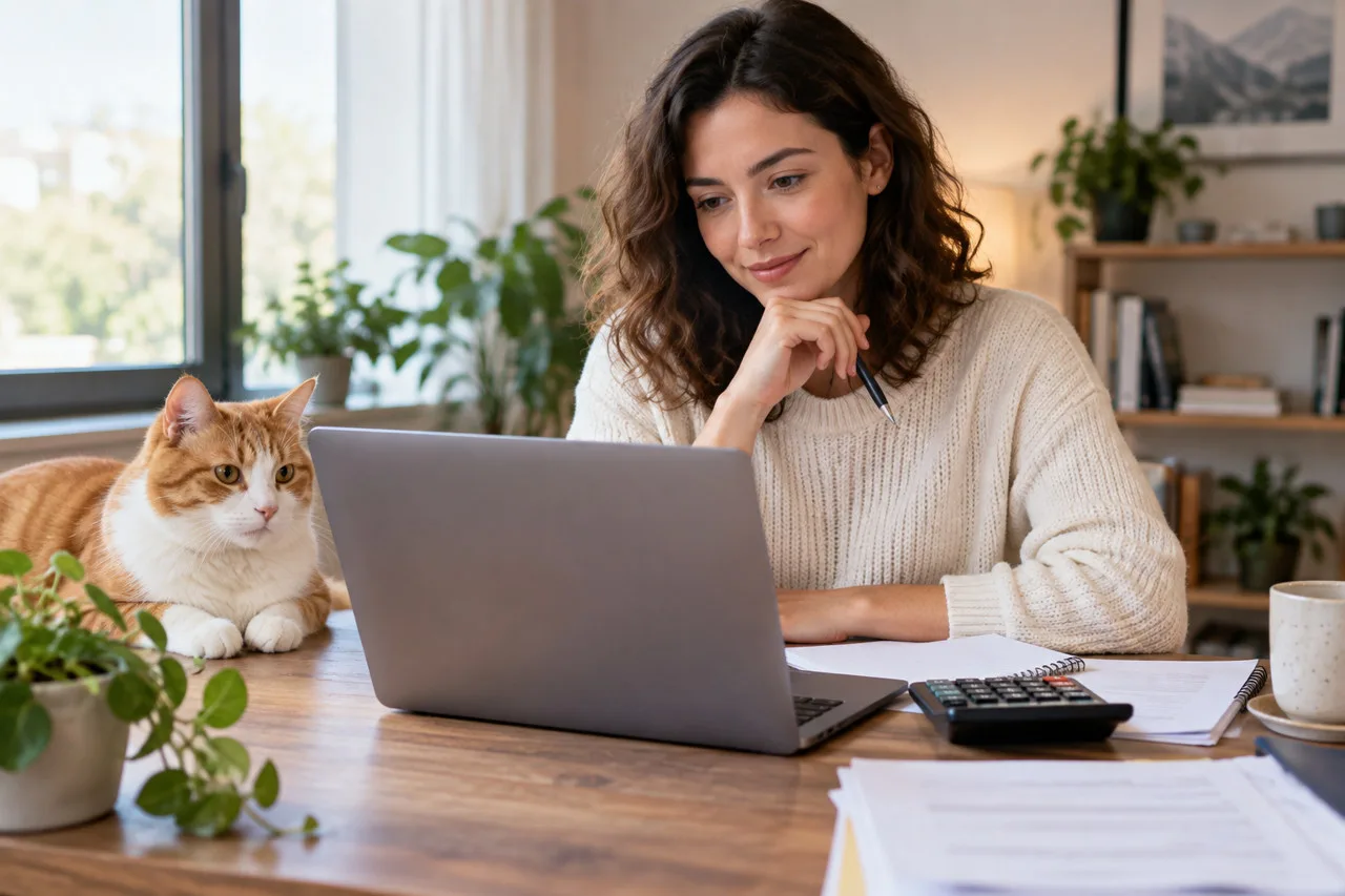 Cat owner reviewing information on a laptop