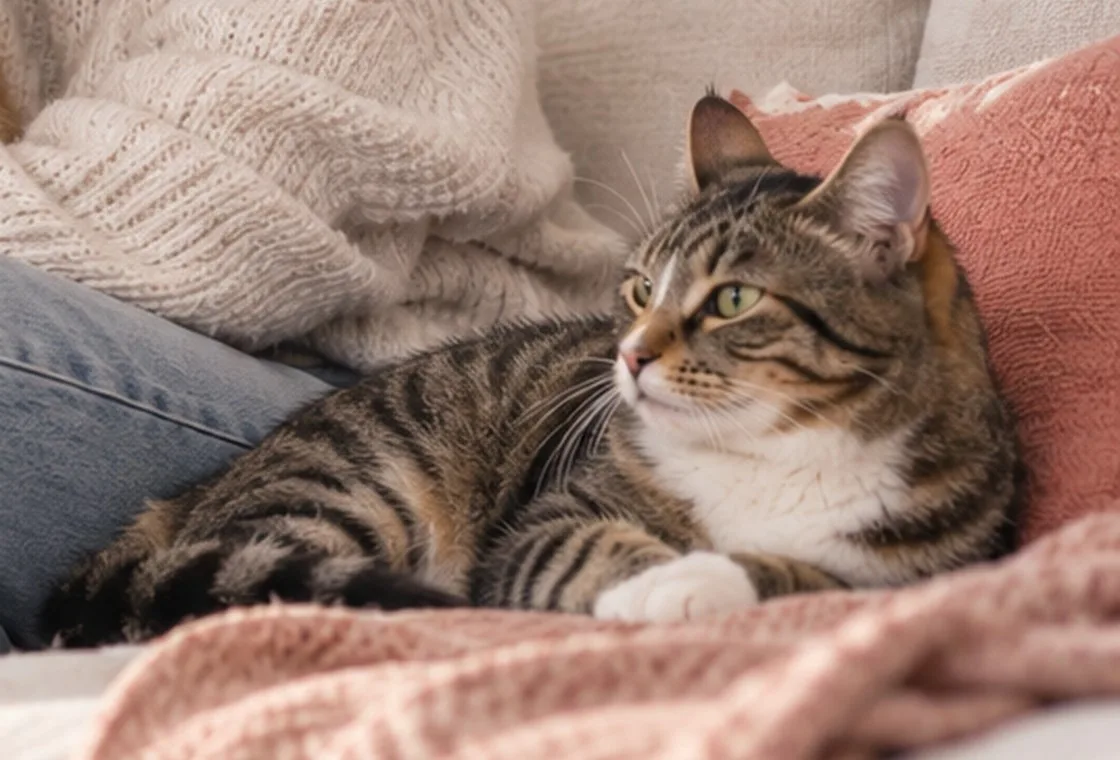 Tabby cat resting on a soft blanket